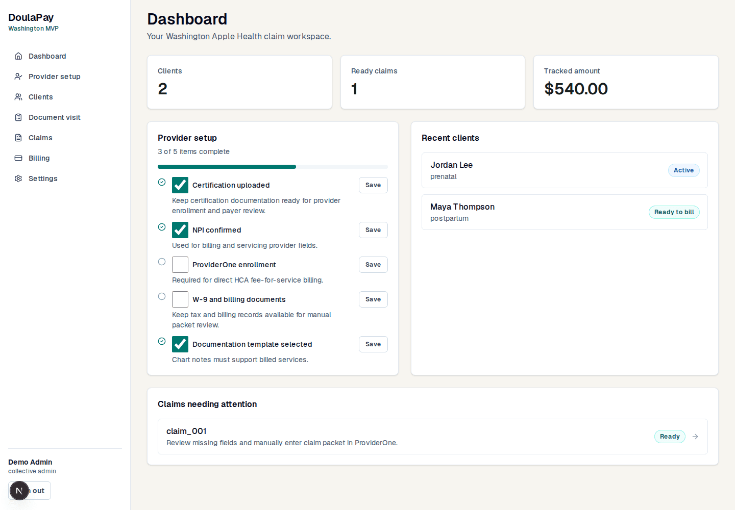 DoulaPaid dashboard showing provider setup progress, claims needing attention, and client billing status.
