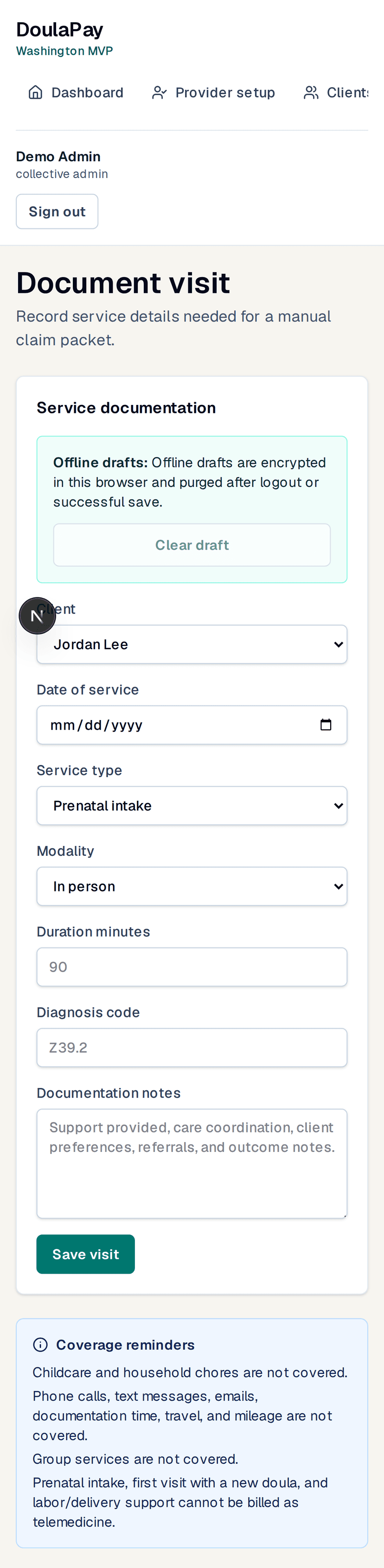 DoulaPaid mobile visit documentation screen with offline draft guidance.